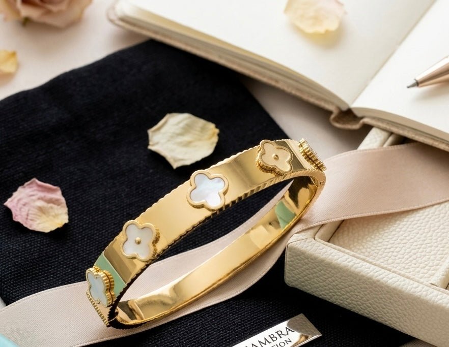 Stainless Steel Clover Bangle/Pearly White - Paws By Picasso