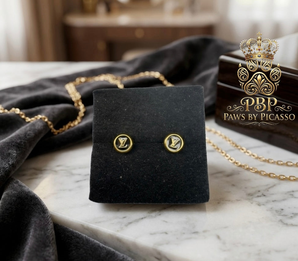 Gold earrings on a black display card with 'Paws by Picasso' logo in the corner.
