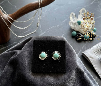 Turquoise earrings on a black stand with 'Paws by Picasso' branding in the background.
