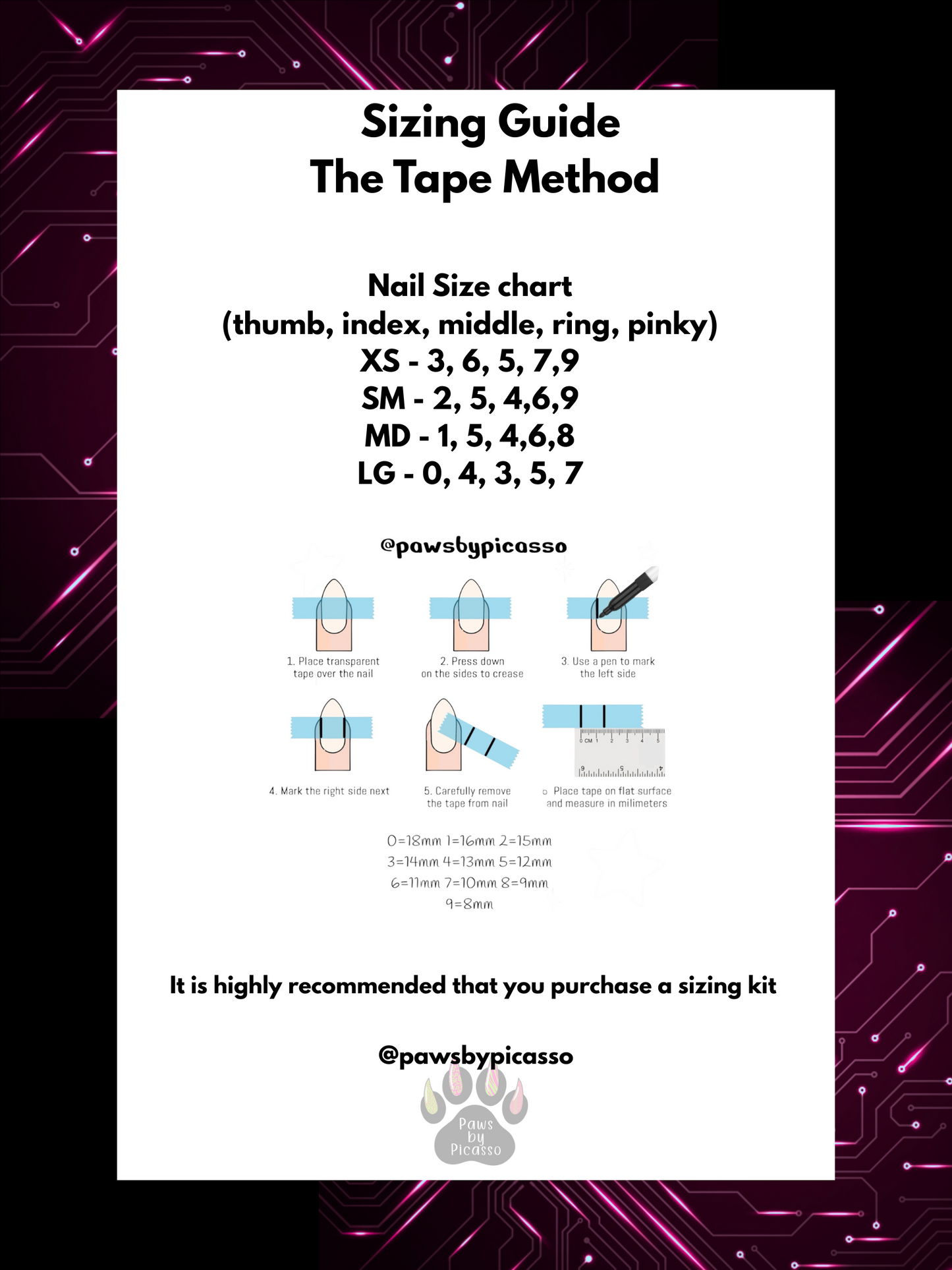 Nail size chart for different finger sizes with a decorative border