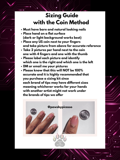 Sizing guide with coin method for nail tips on a dark background