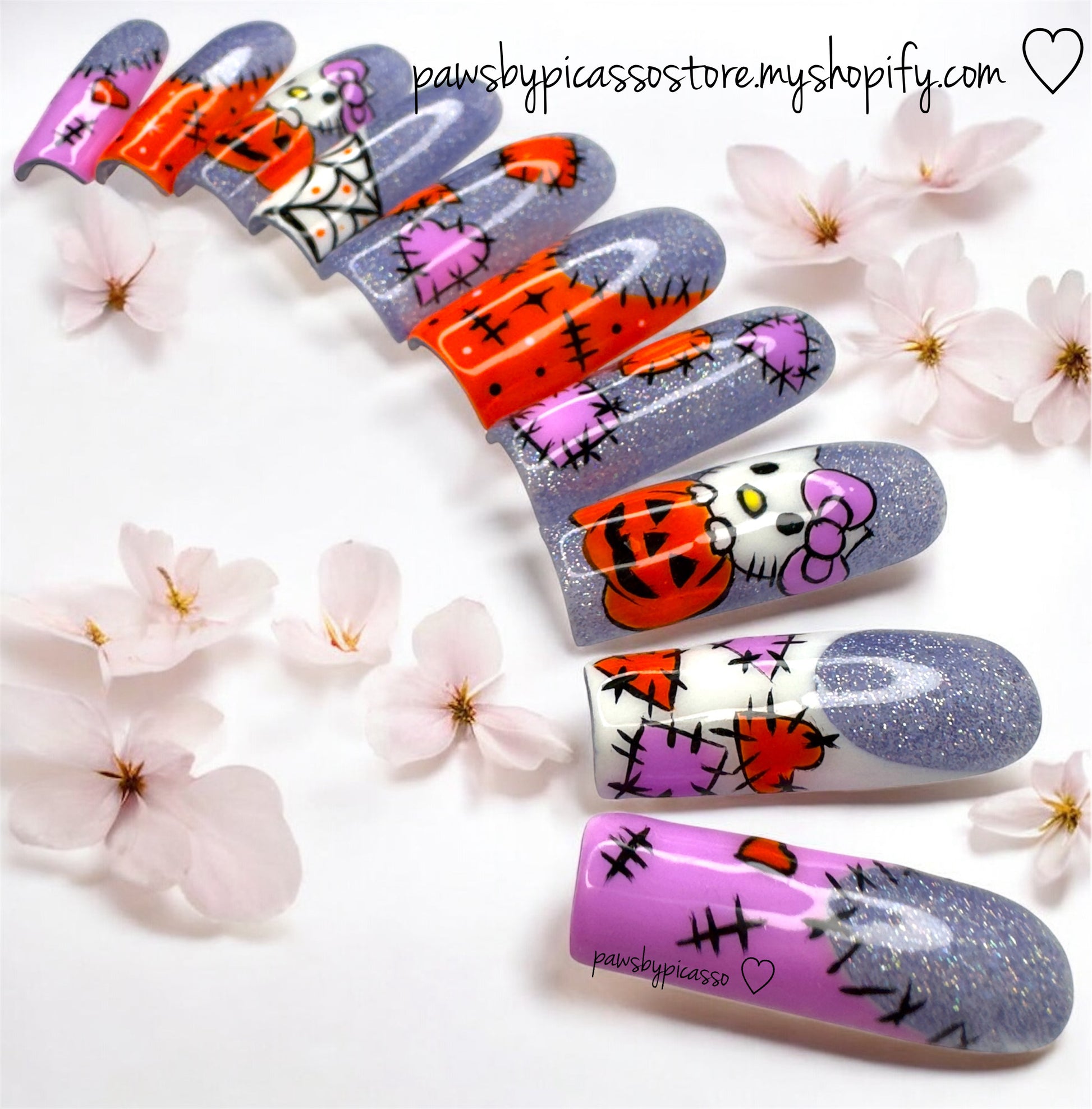 Ready to ship Halloween Kitty - Press On Nails - Paws By Picasso Ready to ship Halloween Kitty - Press On Nails