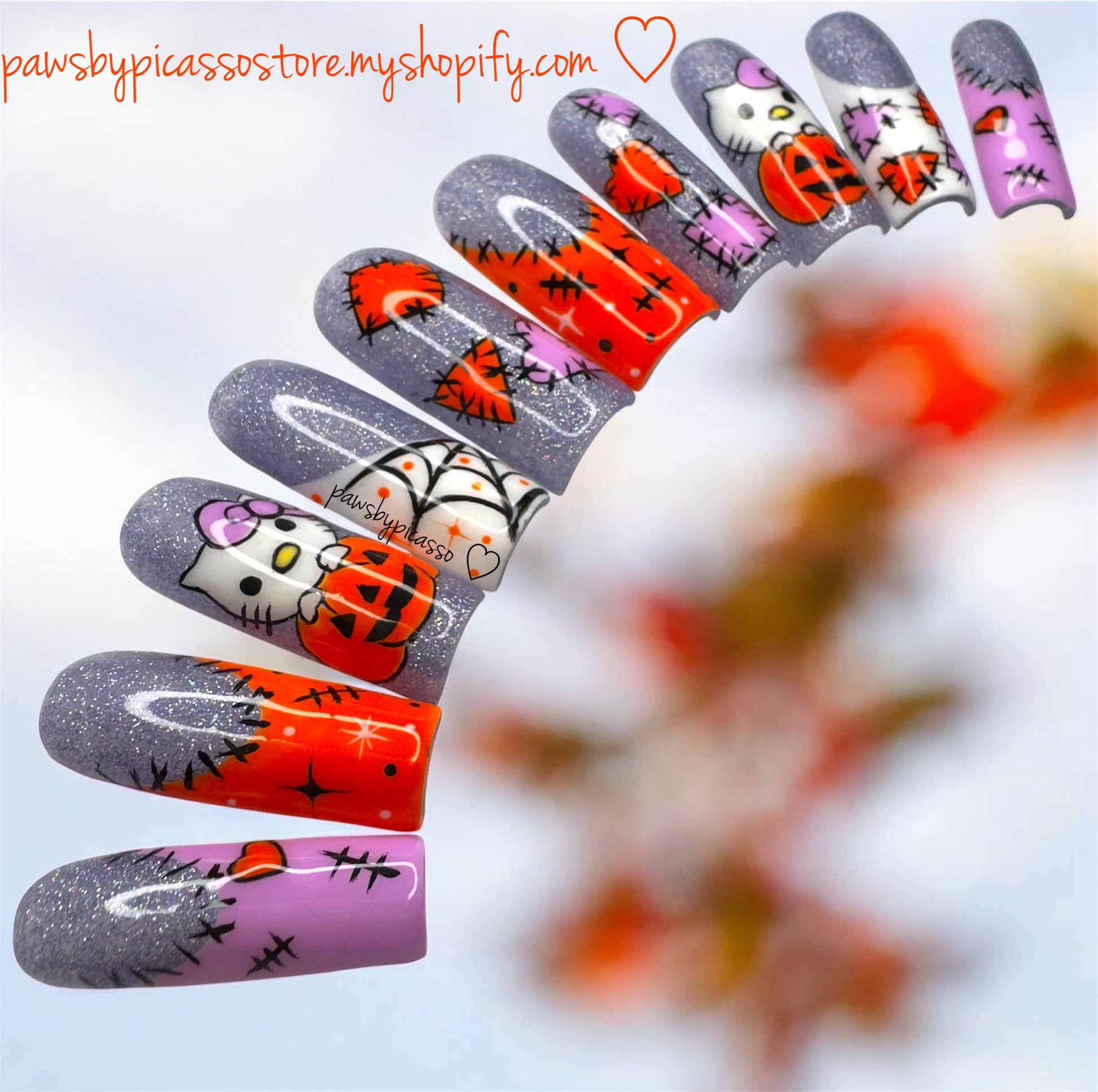 Ready to ship Halloween Kitty - Press On Nails - Paws By Picasso Ready to ship Halloween Kitty - Press On Nails