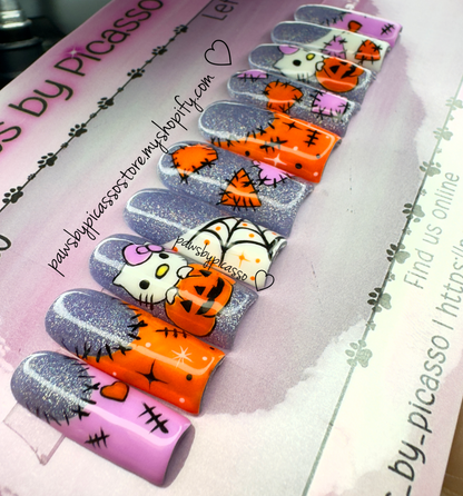 Ready to ship Halloween Kitty - Press On Nails - Paws By Picasso Ready to ship Halloween Kitty - Press On Nails
