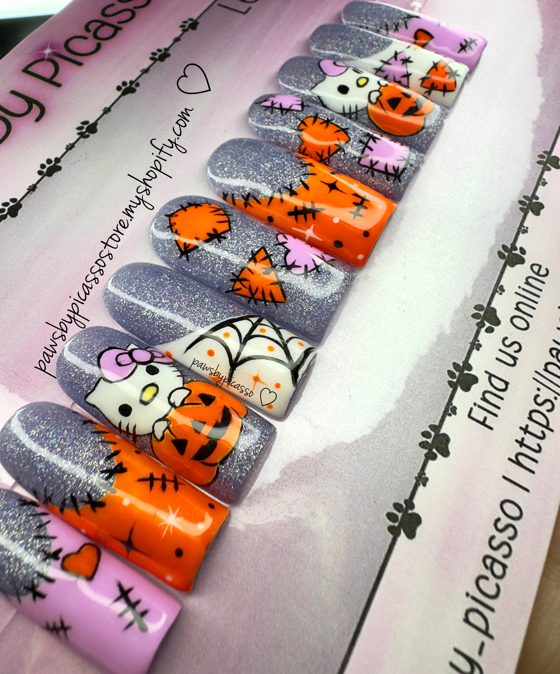 Ready to ship Halloween Kitty - Press On Nails - Paws By Picasso Ready to ship Halloween Kitty - Press On Nails