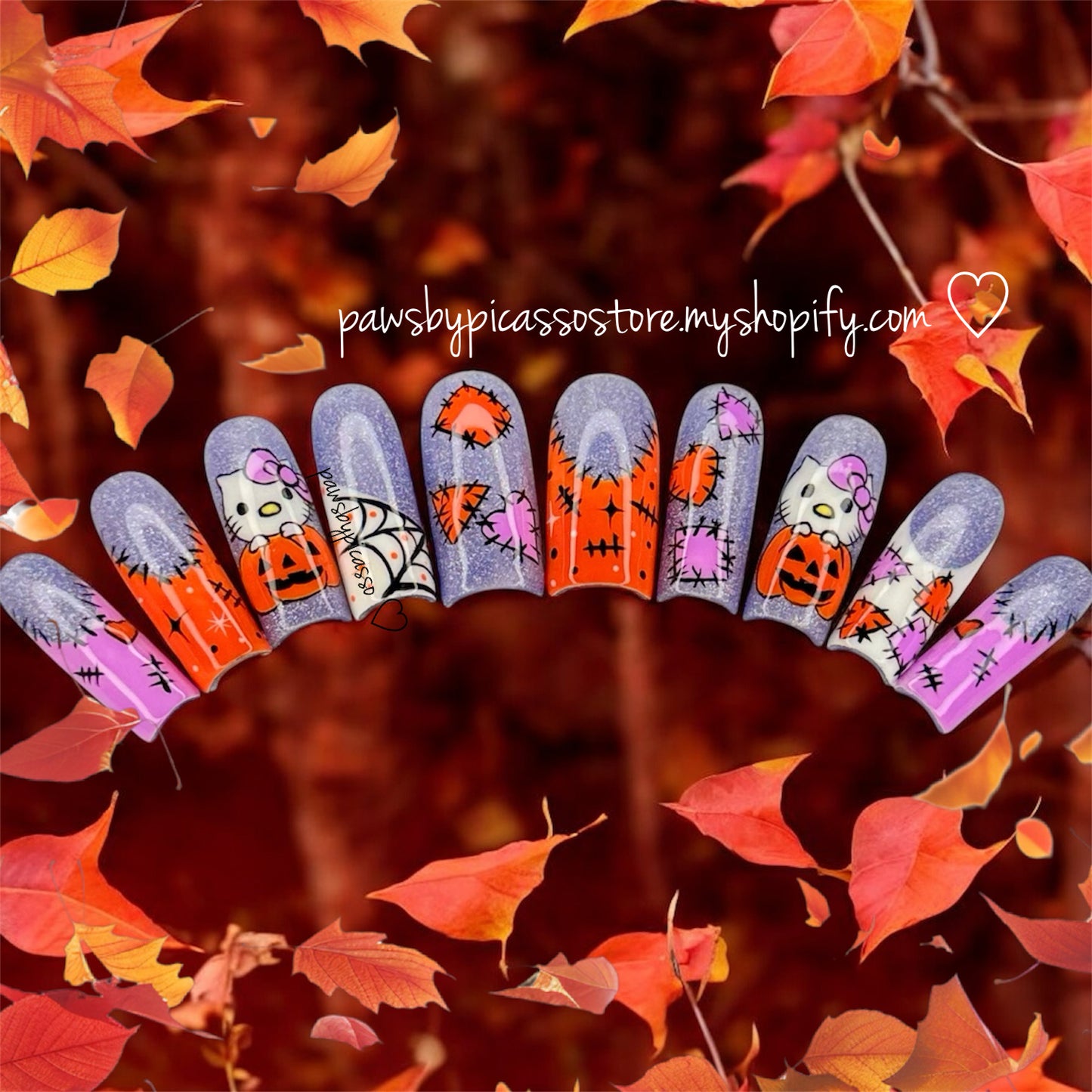 Ready to ship Halloween Kitty - Press On Nails - Paws By Picasso Ready to ship Halloween Kitty - Press On Nails