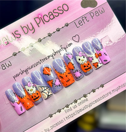 Ready to ship Halloween Kitty - Press On Nails - Paws By Picasso Ready to ship Halloween Kitty - Press On Nails