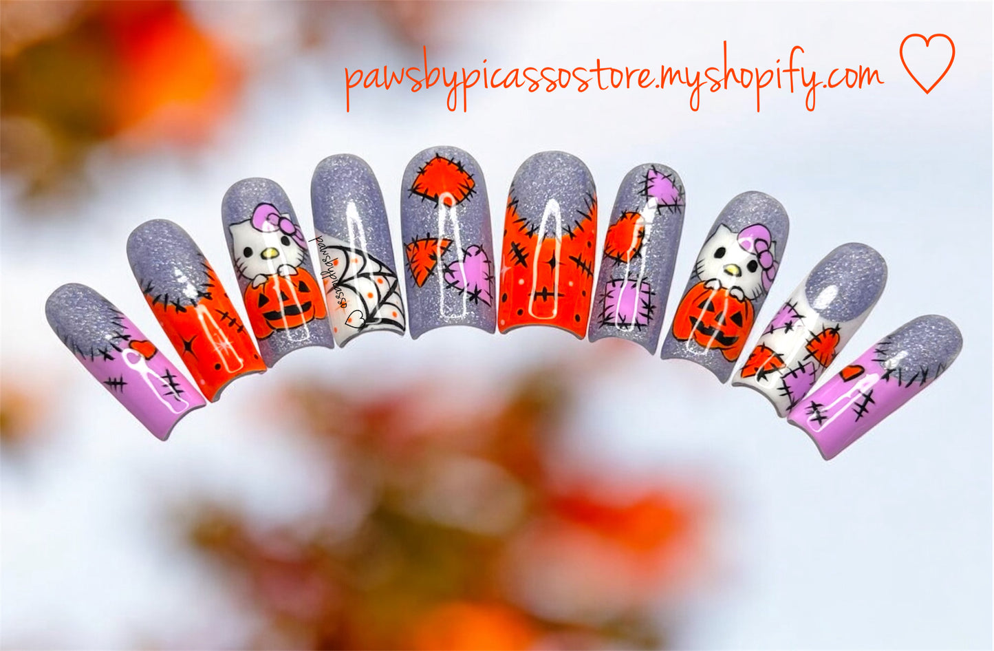Ready to ship Halloween Kitty - Press On Nails - Paws By Picasso Ready to ship Halloween Kitty - Press On Nails