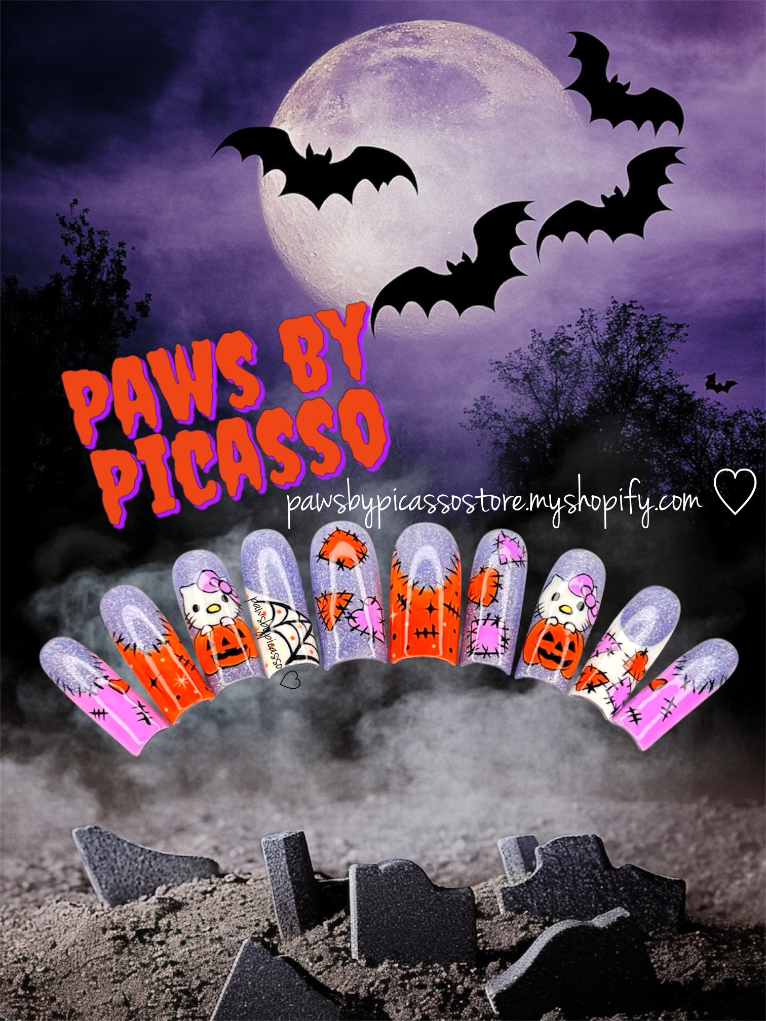 Ready to ship Halloween Kitty - Press On Nails - Paws By Picasso Ready to ship Halloween Kitty - Press On Nails